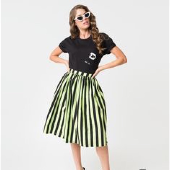 Unique Vintage Dresses & Skirts - Unique Vintage Neon Green/Black Stripped Swing